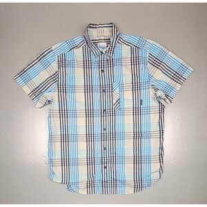 Columbia Button Down Down Shirt Mens Lrg. Omni-Wick Plaid Tan Blue‎ Short Sleeve